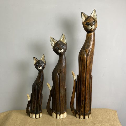 Set of 3 Carved Timber Cats