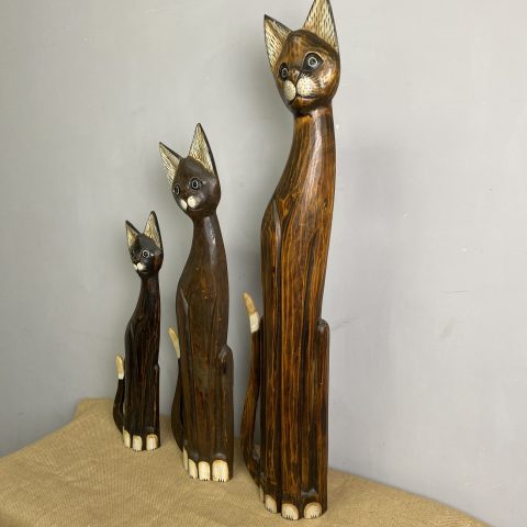 Set of 3 Carved Timber Cats