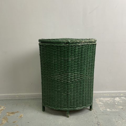 Vintage Painted Green Wicker Corner Laundry Hamper