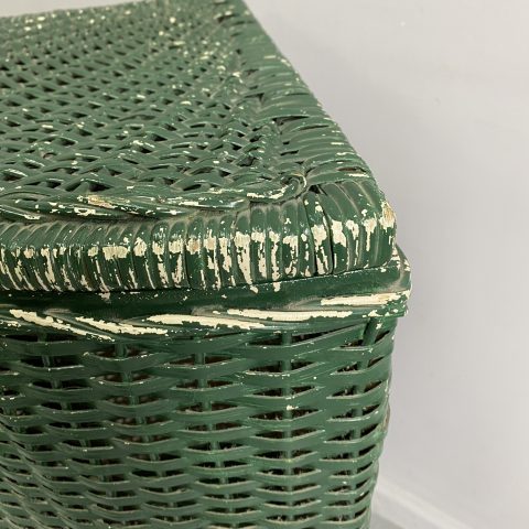 Vintage Painted Green Wicker Corner Laundry Hamper