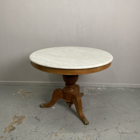 Vintage French Round Pedestal Table with Marble Top