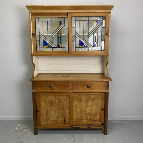 Vintage Baltic Pine Cabinet with Beautiful Leadlight Doors