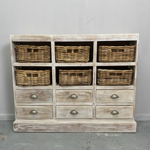 Whitewashed Storage Unit with 6 Baskets & 6 Drawers