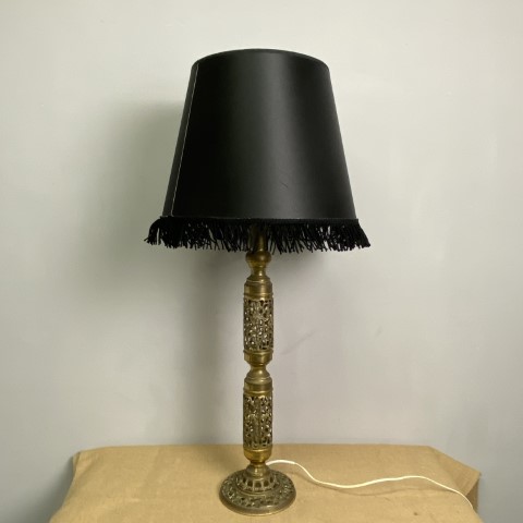 Excellent Pierced Vintage Brass Lamp with fringed black shade