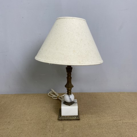 Vintage Brass & Marble Lamp with White Shade