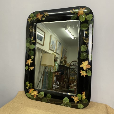 Vintage Hand-Painted Lacquerware Mirror (black with floral design)