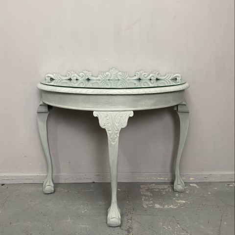 Hand-Painted Half Moon Console Table with custom cut glass tob and ball & claw feet