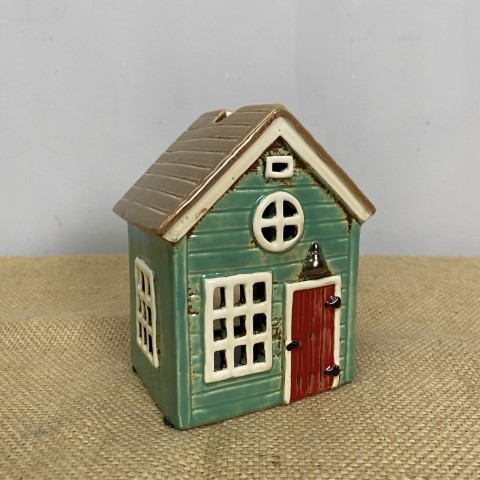 Ceramic Teal Barn House Tealight Holder