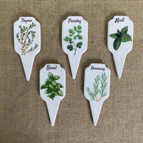 Set of 5 Ceramic Garden Herb Stakes - thyme, parsley, mint, basil, rosemary