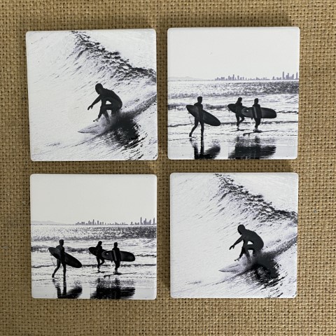 Set of 4 Black & White Surfer Coasters