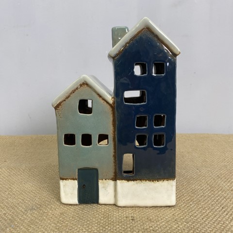 Ceramic Double House Tealight Holder - shades of blue