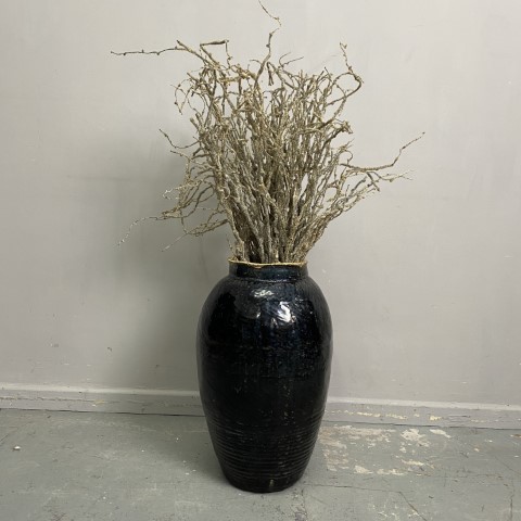 Vintage Glazed Dark Blue Ceramic Vase with Decorative Branches