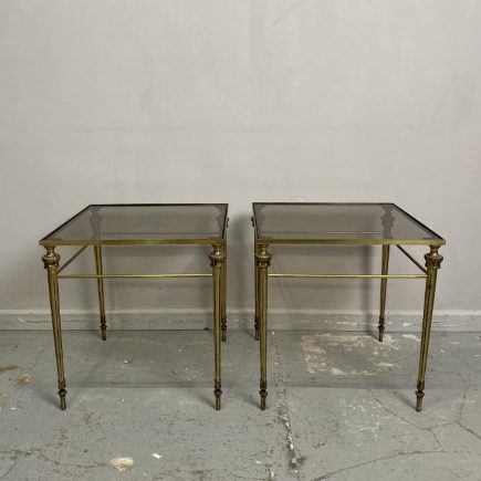 Pair of Vintage Brass Side Tables with Smokey Glass Top