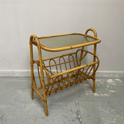 Vintage Cane Magazine Rack with Glass Top