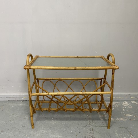 Vintage Cane Magazine Rack with Glass Top #2