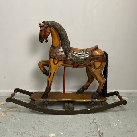 Antique Carousel Style Rocking Horse with Hand-Painted Saddle