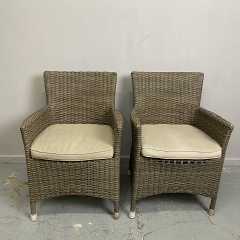 Pair of Faux Cane Outdoor Chairs with White Cushions