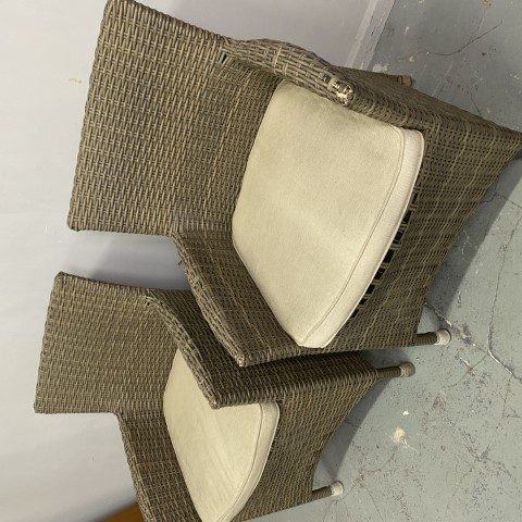 Pair of Faux Cane Outdoor Chairs with White Cushions