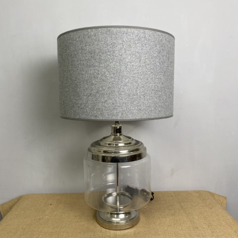 Silver & Glass Base Table Lamp with Grey Shade