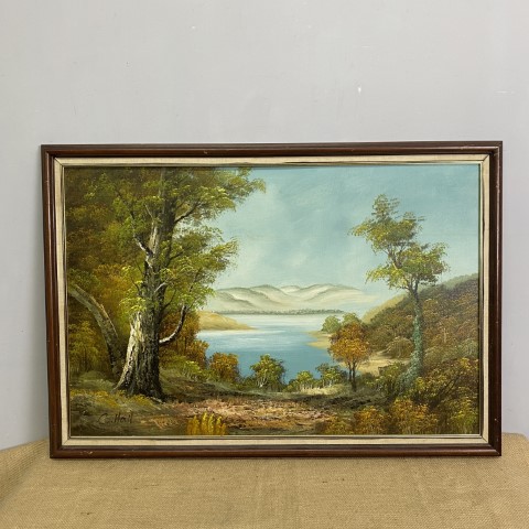 Framed Bushland Inlet Painting by C. Hall