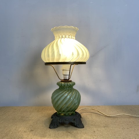 Antique Converted Green Glass Hurricane Lantern