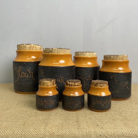 Set of 7 Vintage Hanstan Kitchen Cannisters - Orange and Brown with cork lids