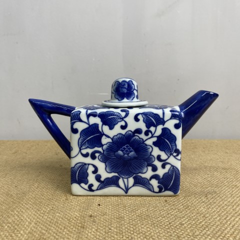 Ceramic Blue & White Teapot - geometric shape with classic floral design