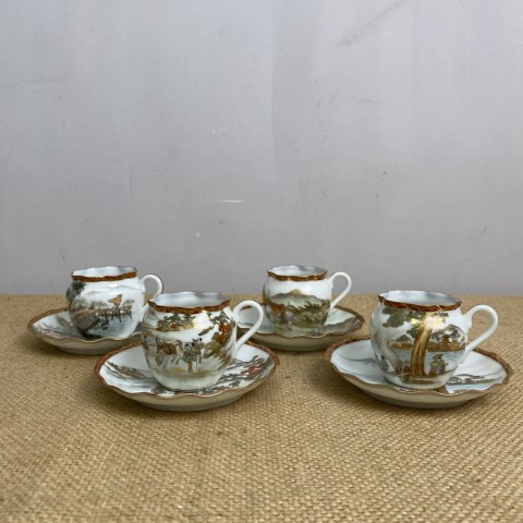 Post War Japanese Tea Set - set of 4 teacup/saucers with unique handpainted design on each