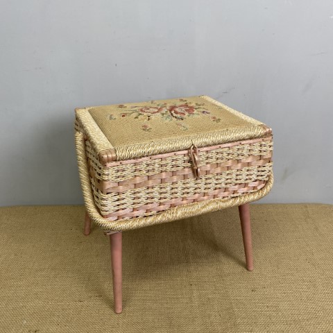 Vintage Pink Elevated Sewing Basket - pink woven cane, tapestry top, carry handle, pink tapered legs