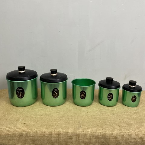 Set of 5 Green Anodised Mid-Century Kitchen Cannisters