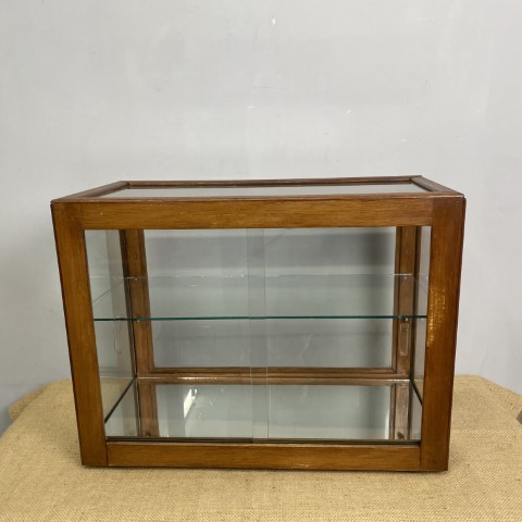 Vintage Oak Tabletop Display Cabinet with glass shelf and mirrored base