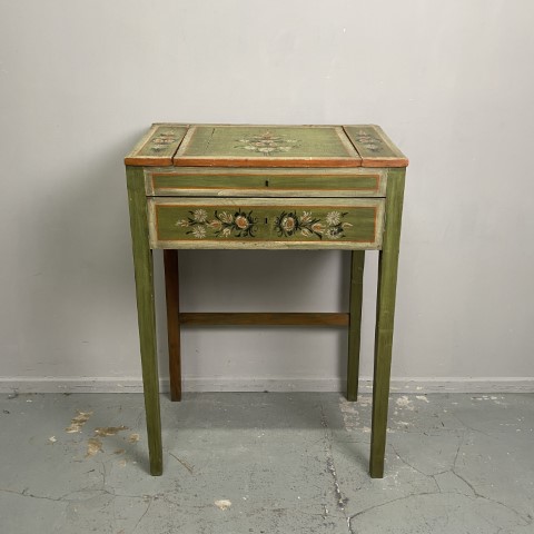 Antique Danish Folk Art Standing Desk - green with floral details and orange interior. Lift-top slanted desktop and drawer underneath. 118cm high