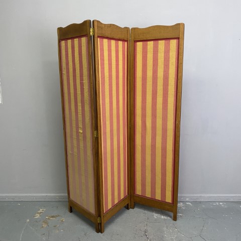 Vintage 3 Panel Screen Divider - pink & yellow striped fabric in timber frame