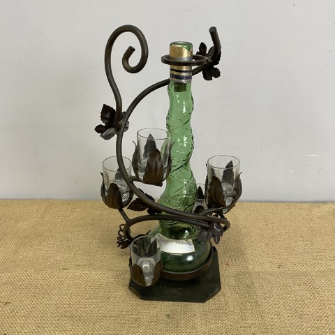 Mid-Century Italian Chianti Bottle with 6 Glasses in Wrought Iron Stand