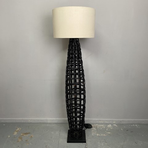 Black Cane Floor Lamp with White Shade