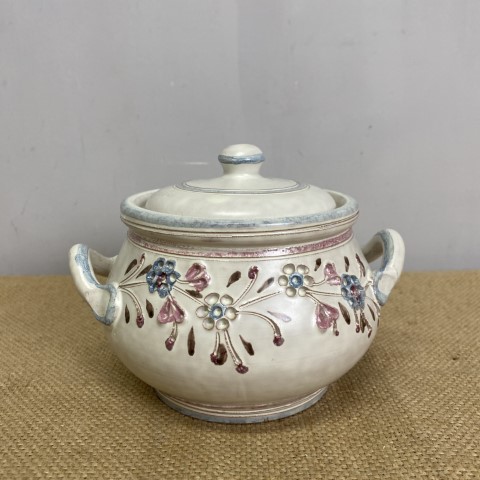 White Vintage Italian Lidded Pot with pink and purple floral design