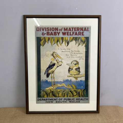 Vintage Framed NSW Health Advertising Print - 'Crane & Kookaburra'