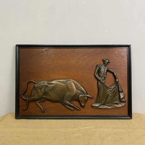 Vintage Brass & Timber Spanish Bull & Matador Wall Art