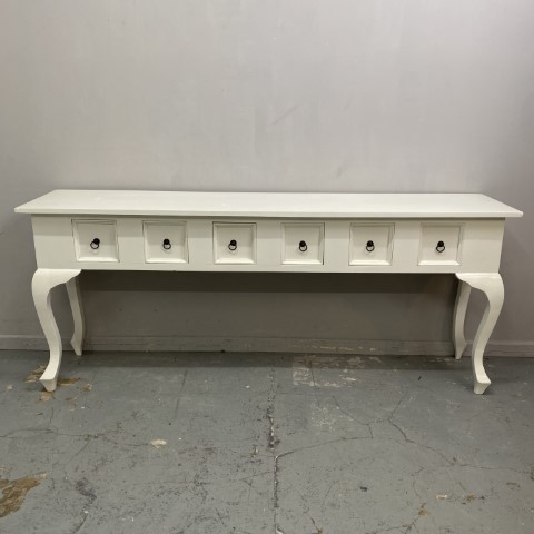 Long Coastal White Hall Table with 6 small drawers