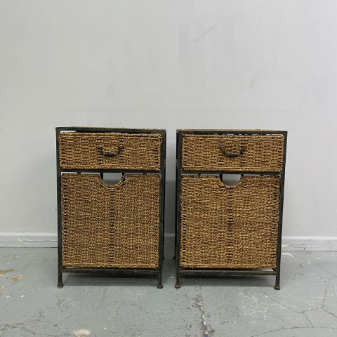 Pair of Vintage Cane & Metal Bedside Tables