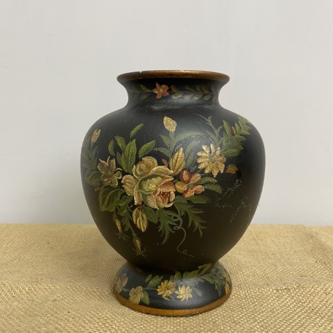 Hand-Painted Floral Black Vase with Crackle Effect