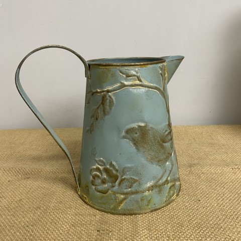 Rustic Dusty Blue Bird Motif Metal Watering Can