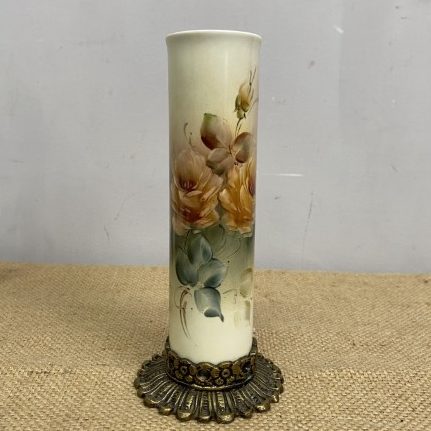 Vintage Floral Ceramic Vase with Cast Metal Base