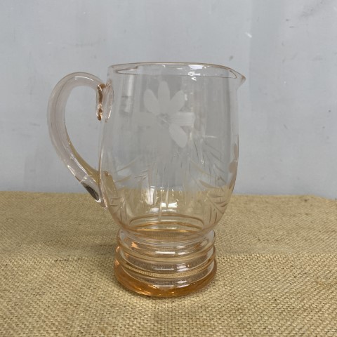 Vintage Pink Glass Pitcher with Floral Etching