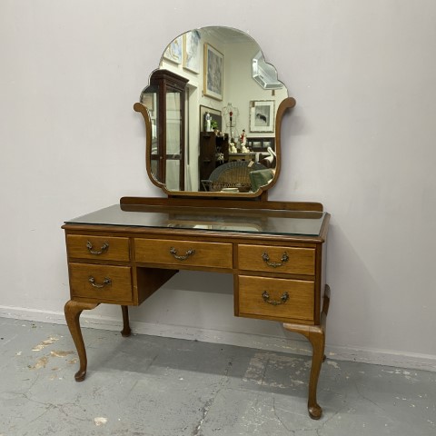 Vintage Dressing Table with Cabriole Legs and custom cut glass top