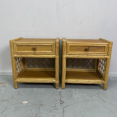 Pair of Vintage Cane & Timber Bedsides