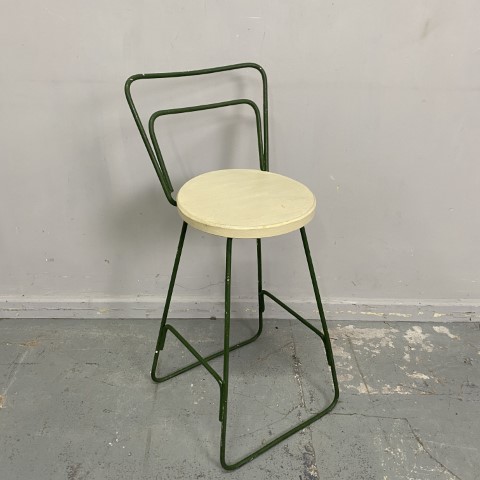 Vintage Barstool with green metal and round white timber seat