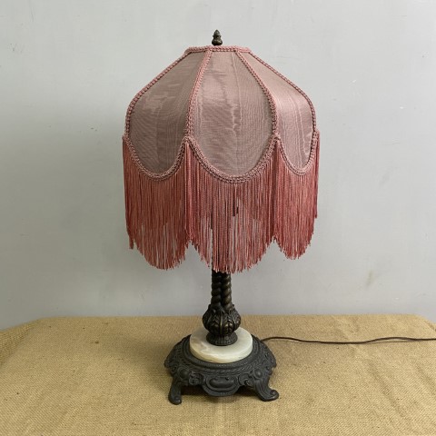 Vintage Lamp with Marble & Cast Iron Base - Pink shade with long tassels