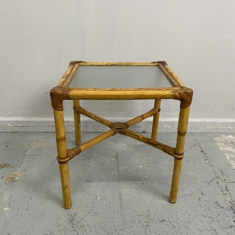 Small Vintage Cane Side Table With Frosted Glass Top