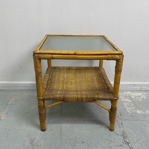 Small Vintage Cane Side Table With Frosted Glass Top